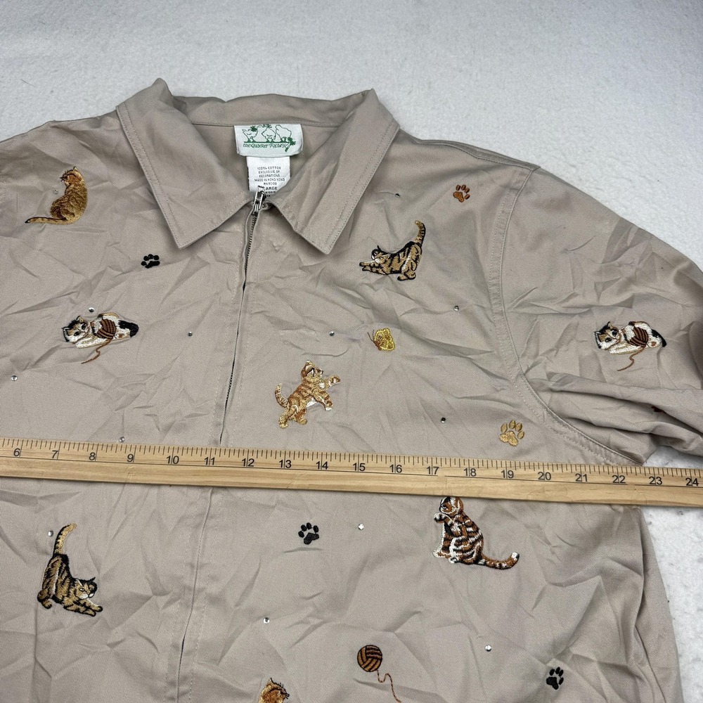 Quacker Factory Jacket Womens Large Beige Cat Embroidered Rhinestone Twill Zip - Picture 6 of 8